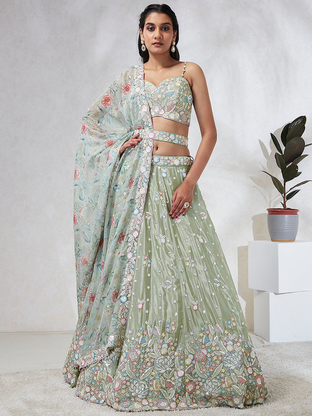 Lime green Chiffon Sequins and thread embroidery Semi-Stitched Lehenga choli & Dupatta