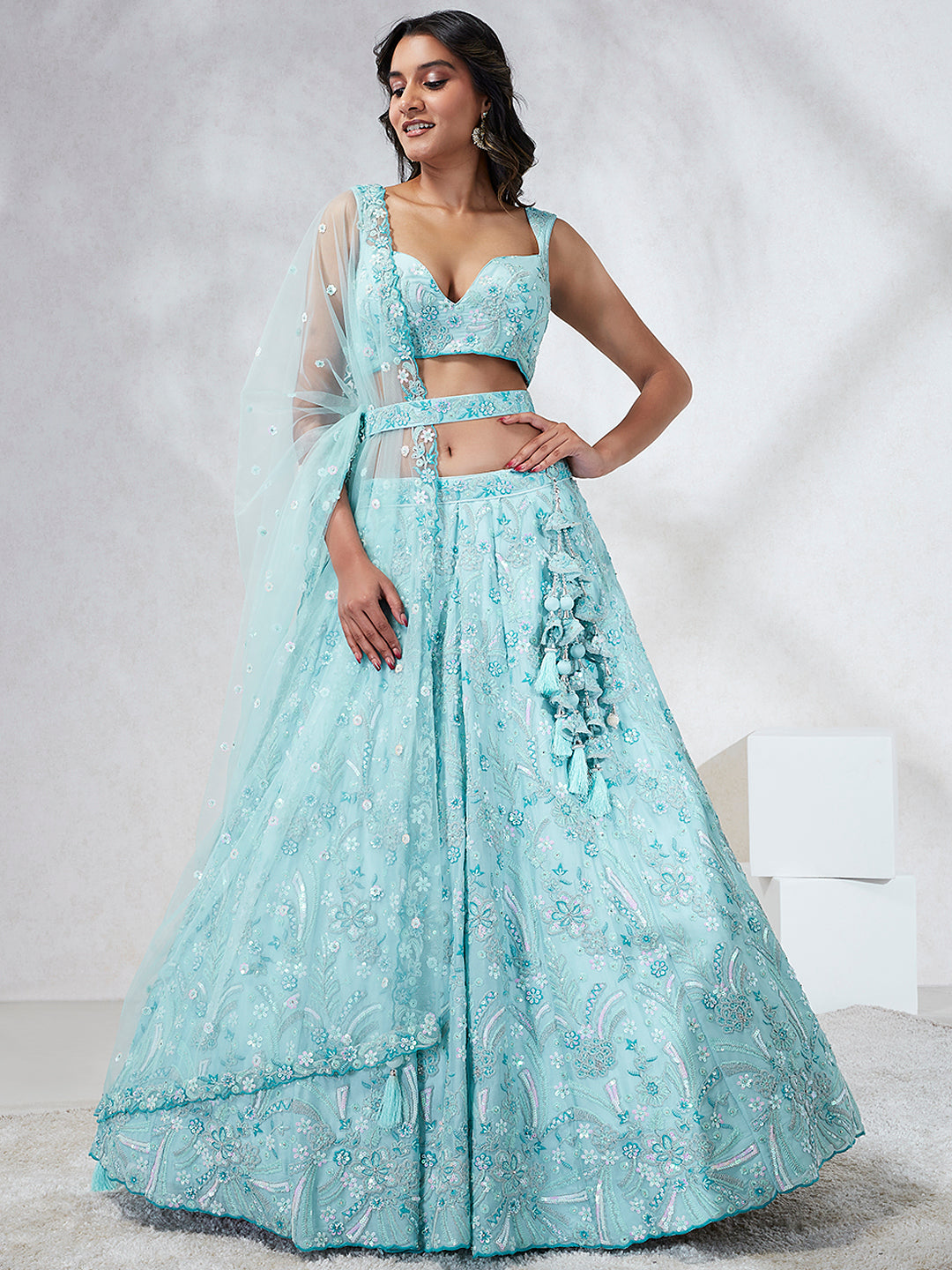 Turquoise Blue Georgette Sequins and thread embroidery Semi-Stitched Lehenga choli & Dupatta