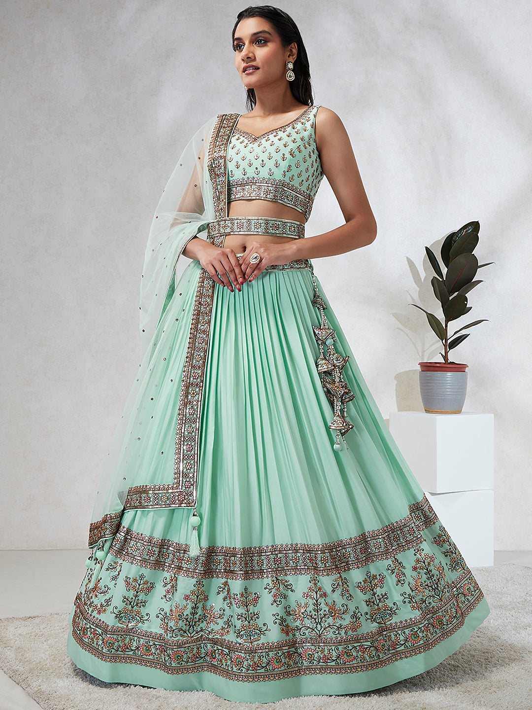 Sea Green Georgette Sequins and thread embroidery Semi-Stitched Lehenga choli & Dupatta