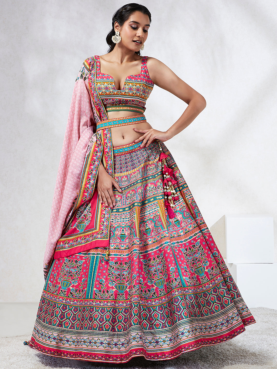 Pink Pure Georgette Position Printing with siroski Stone work Semi-Stitched Lehenga choli & Dupatta