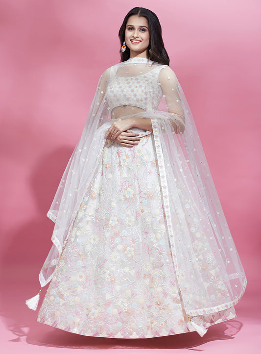 Cream Net heavy Sequinse embroidery Semi-Stitched Lehenga choli & Dupatta