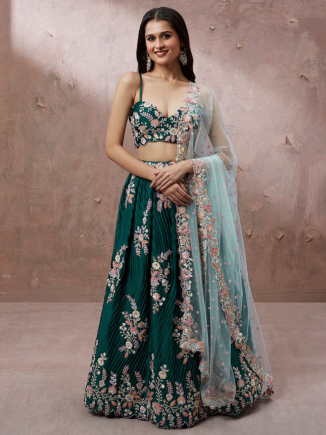 Teal - Pure Georgette Thread & Sequins Work Semi-Stitched Lehenga