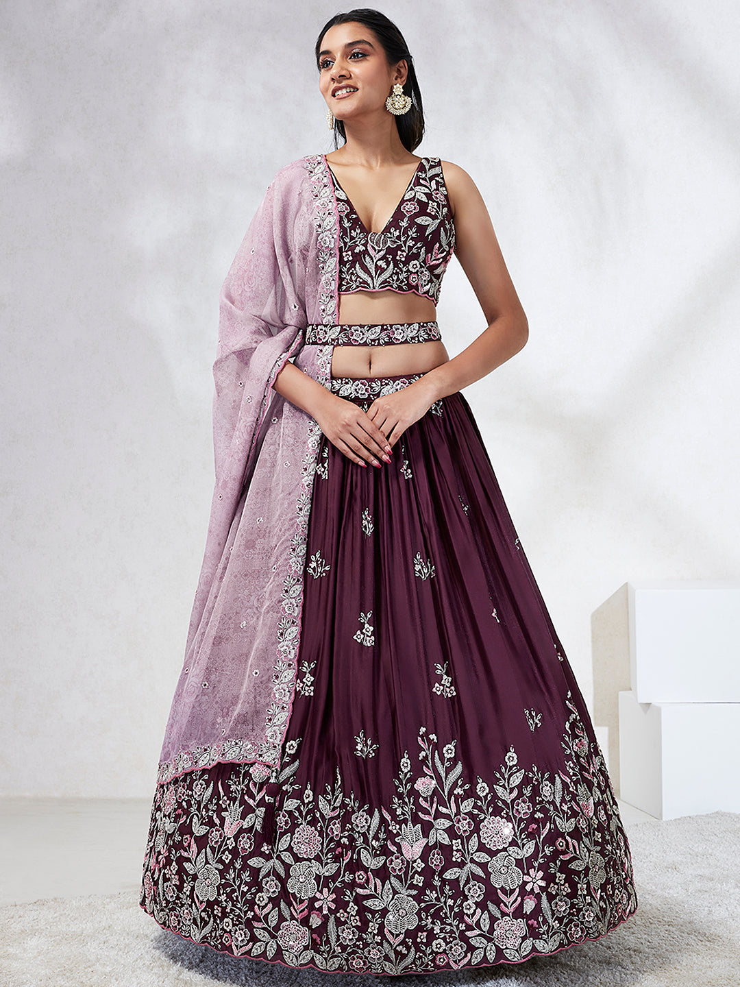 Burgundy Pure Georgette Sequins and thread embroidery Semi-Stitched Lehenga choli & Dupatta