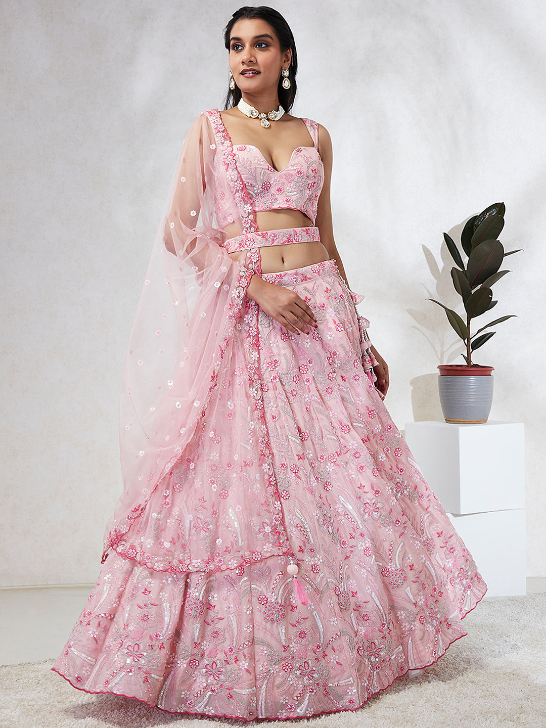 Pink Georgette Sequins and thread embroidery Semi-Stitched Lehenga choli & Dupatta