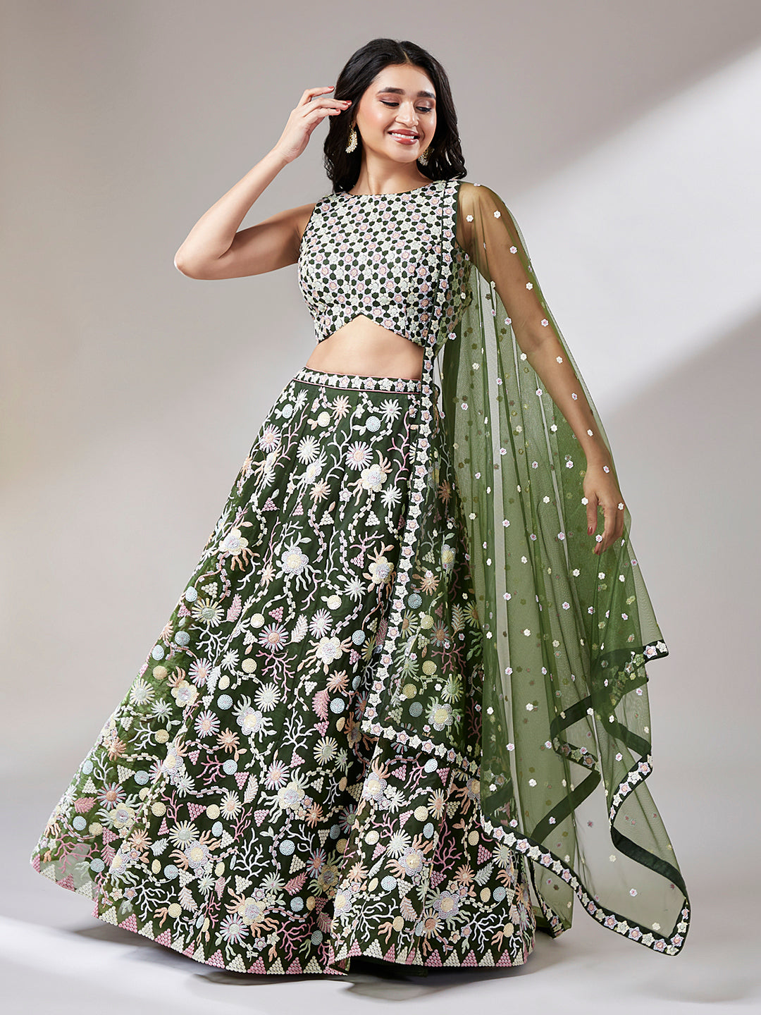 Olive Net heavy Sequinse embroidery Semi-Stitched Lehenga choli & Dupatta