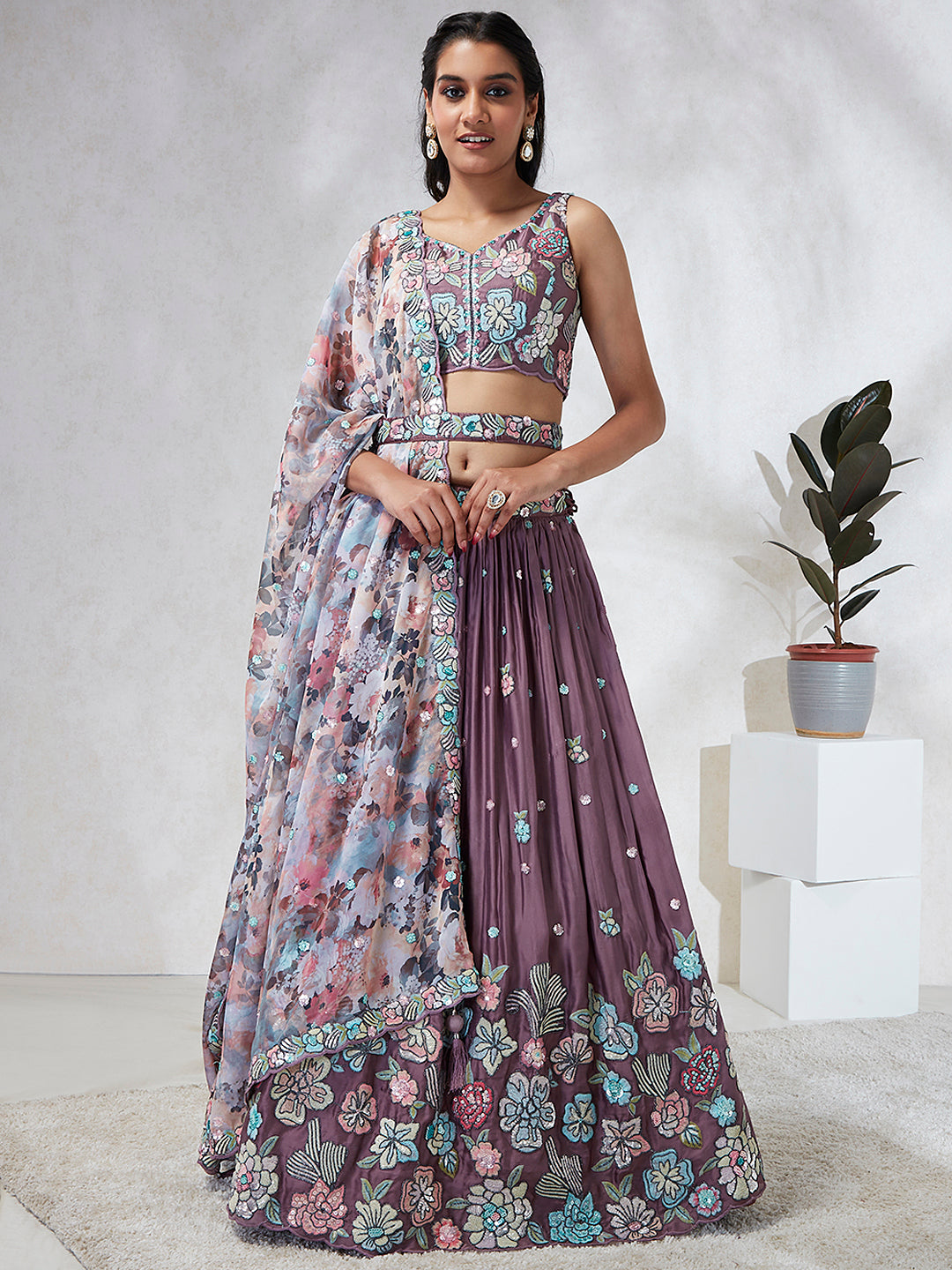 Lavender Georgette Sequins and thread embroidery Semi-Stitched Lehenga choli & Dupatta