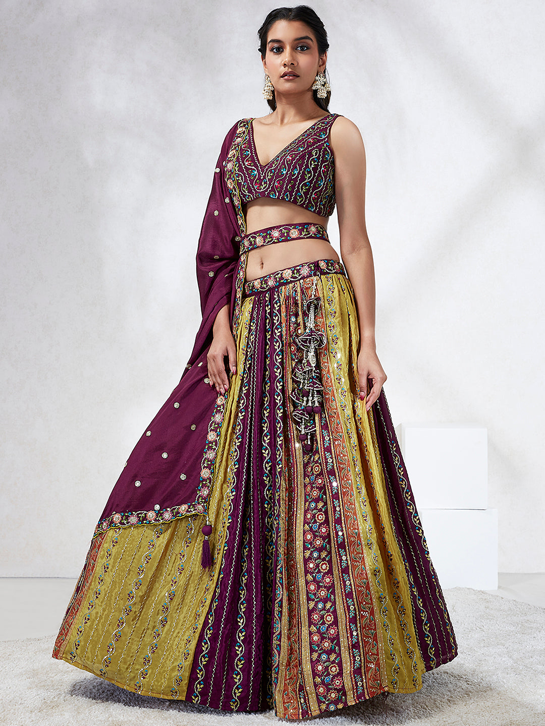 Burgundy Chiffon Position print with Sequins embroidery Semi-Stitched Lehenga choli & Dupatta