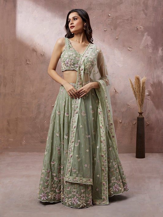 Lime Green Pure Georgette Sequins with heavy Zarkan embroidery Semi-Stitched Lehenga choli & Dupatta