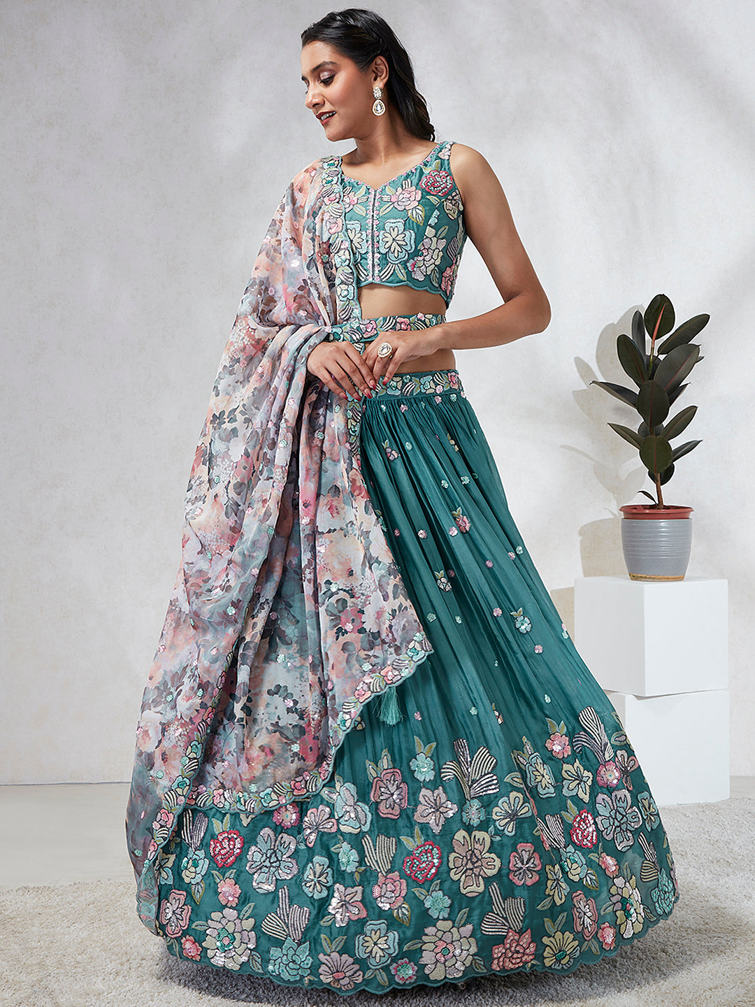 Turquoise blue Georgette Sequins and thread embroidery Semi-Stitched Lehenga choli & Dupatta