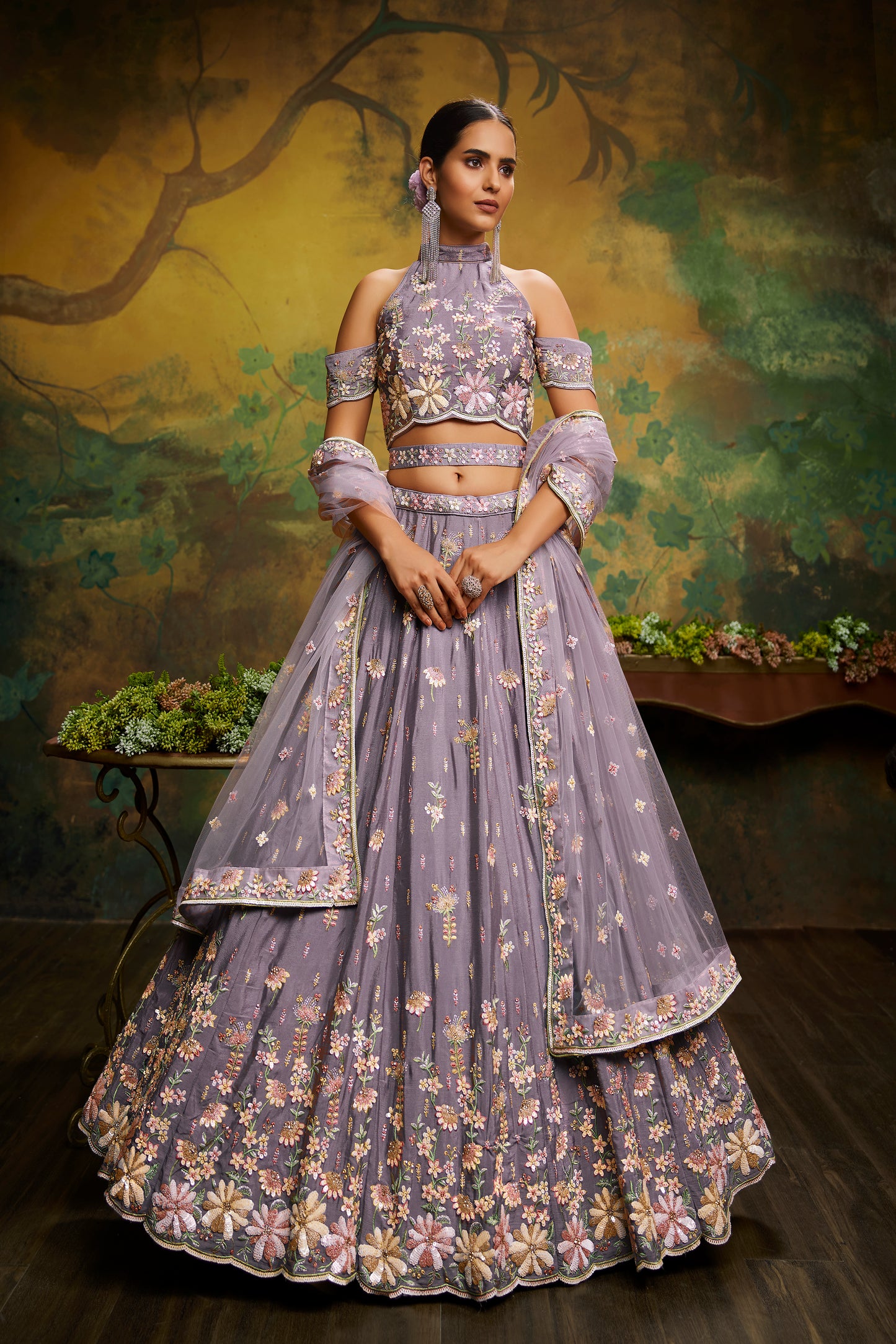 Mauve Pure Georgette Sequins with heavy Zarkan embroidery Semi-Stitched Lehenga choli & Dupatta