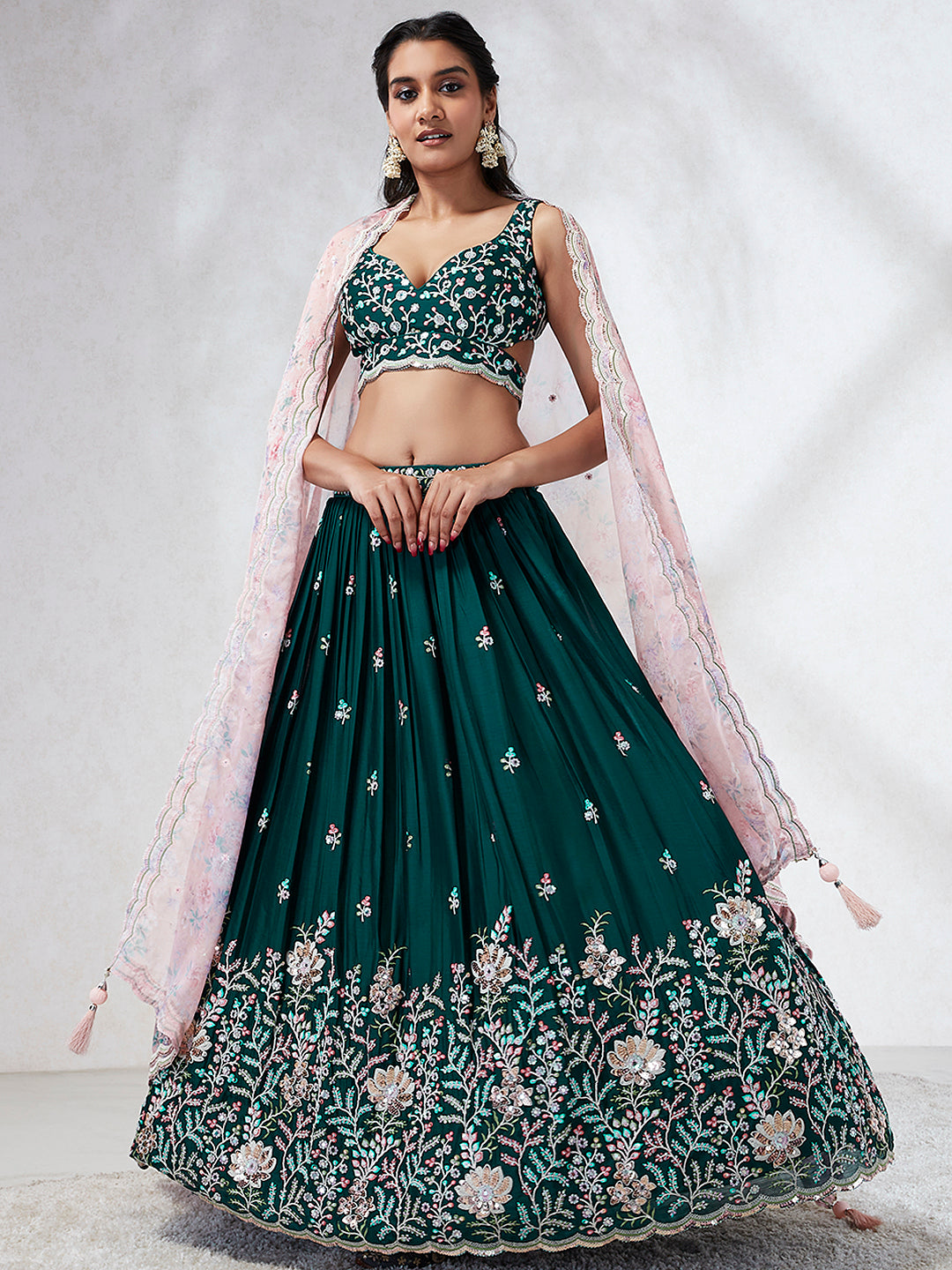 Teal - Georgette Sequins, Mirror and thread embroidery Semi-Stitched Lehenga choli