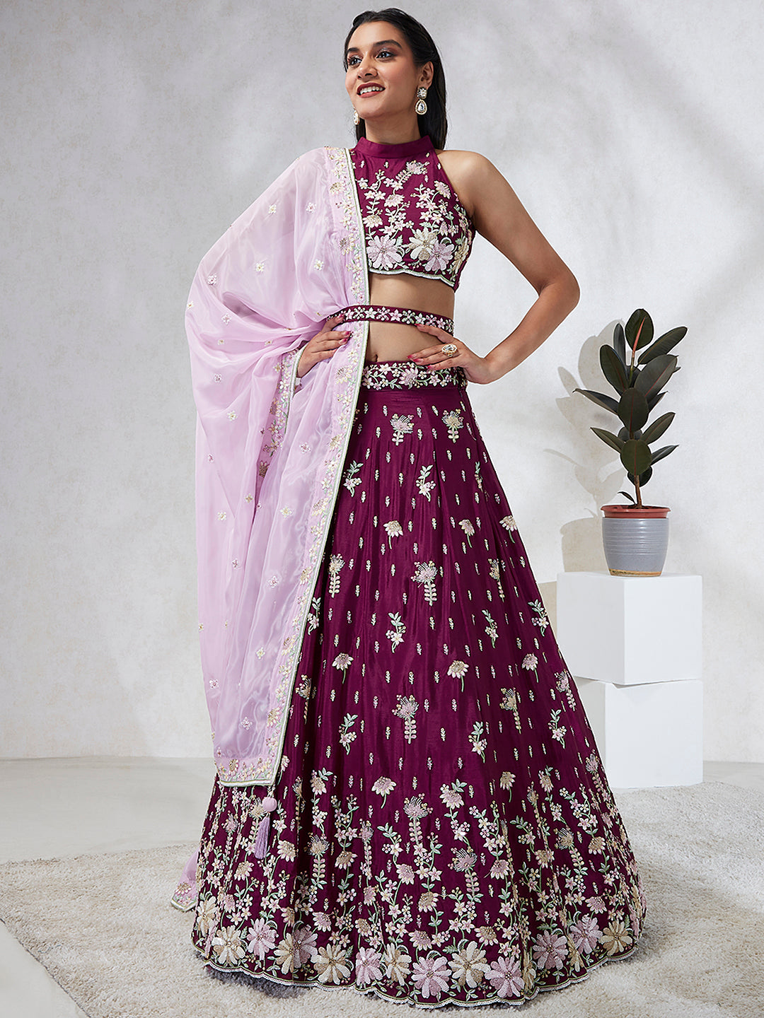 Burgundy Pure Georgette Sequins and thread embroidery Semi-Stitched Lehenga choli & Dupatta