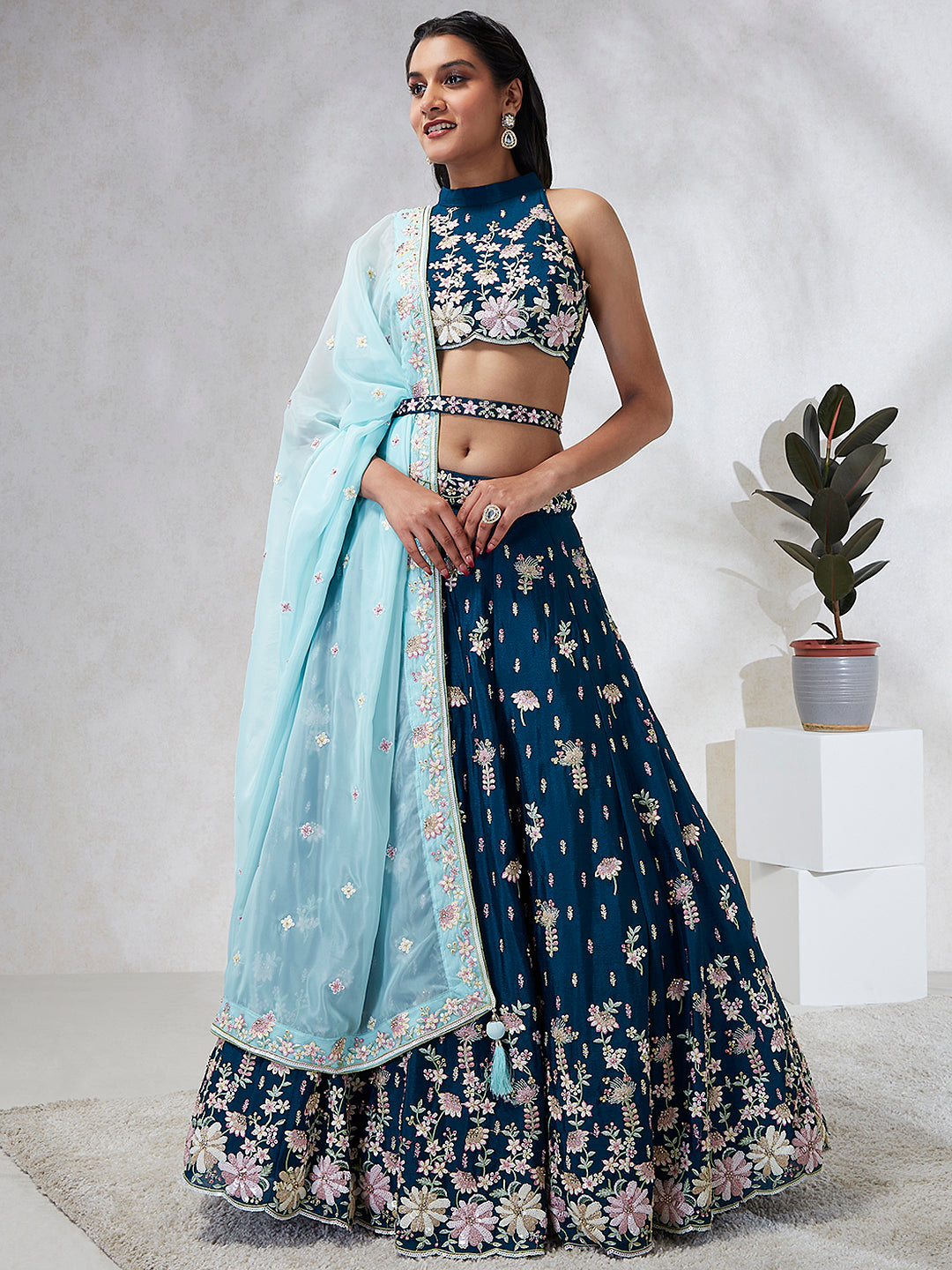 Teal Pure Georgette Sequins and thread embroidery Semi-Stitched Lehenga choli & Dupatta