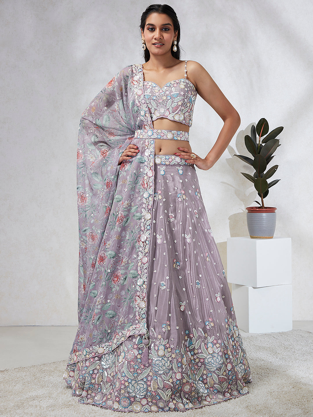 Mauve Chiffon Sequins and thread embroidery Semi-Stitched Lehenga choli & Dupatta