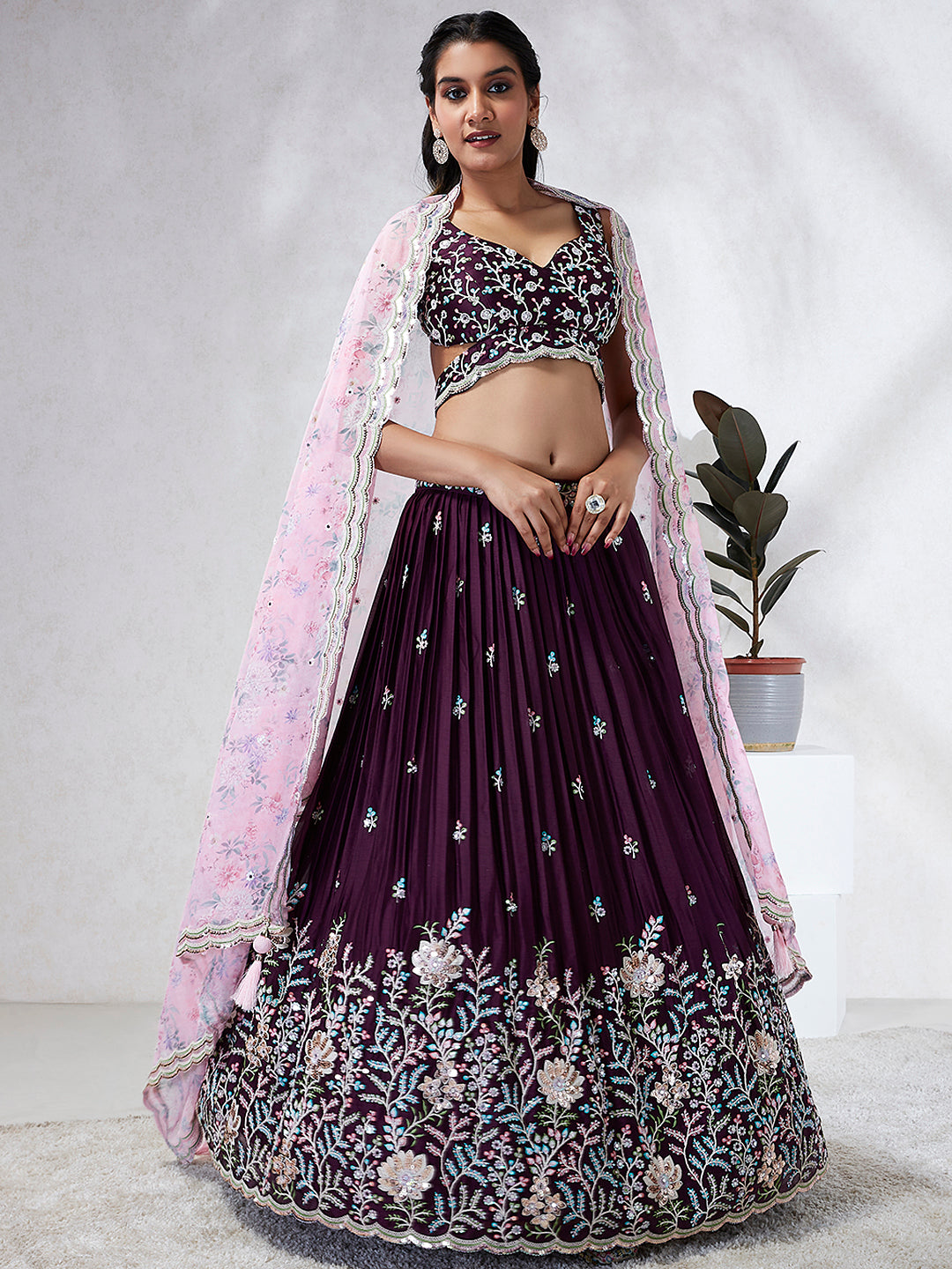 Burgundy Georgette Sequins, Mirror and thread embroidery Semi-Stitched Lehenga choli & Dupatta