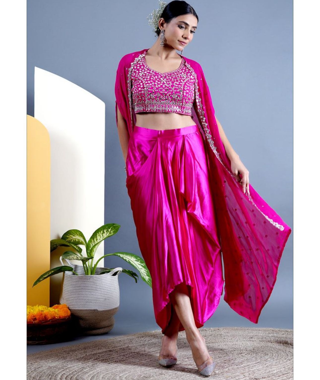 Pink_Dhoti Skirt Set_Mirror Work