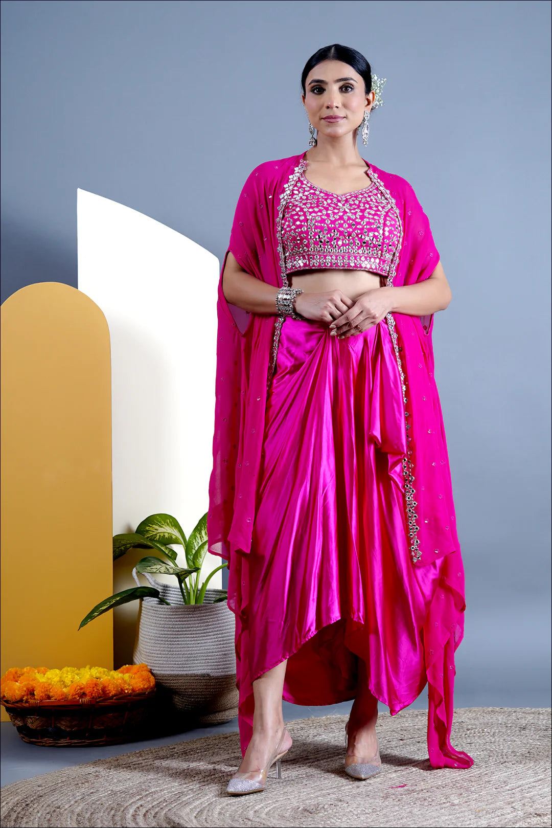 Pink_Dhoti Skirt Set_Mirror Work