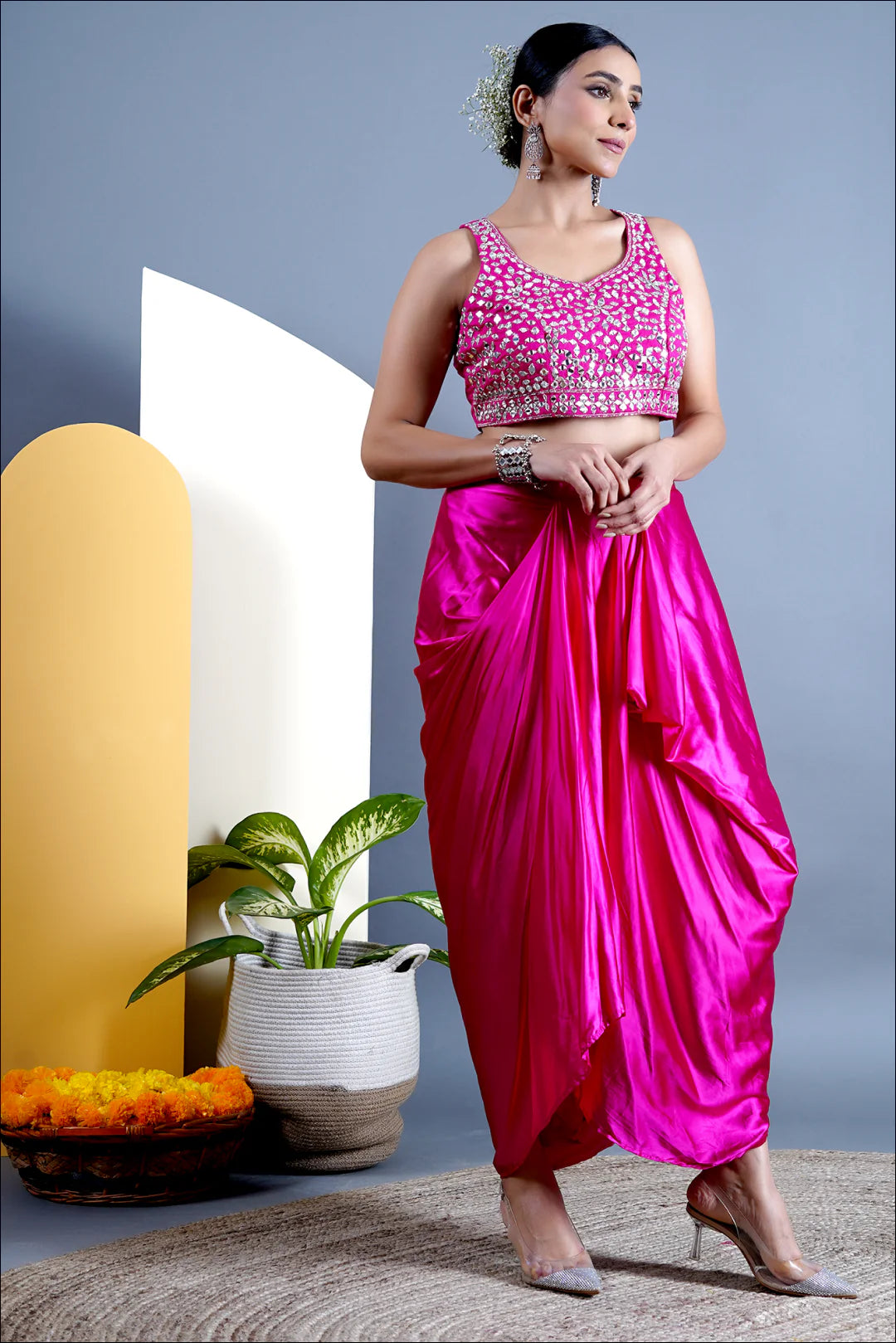 Pink_Dhoti Skirt Set_Mirror Work