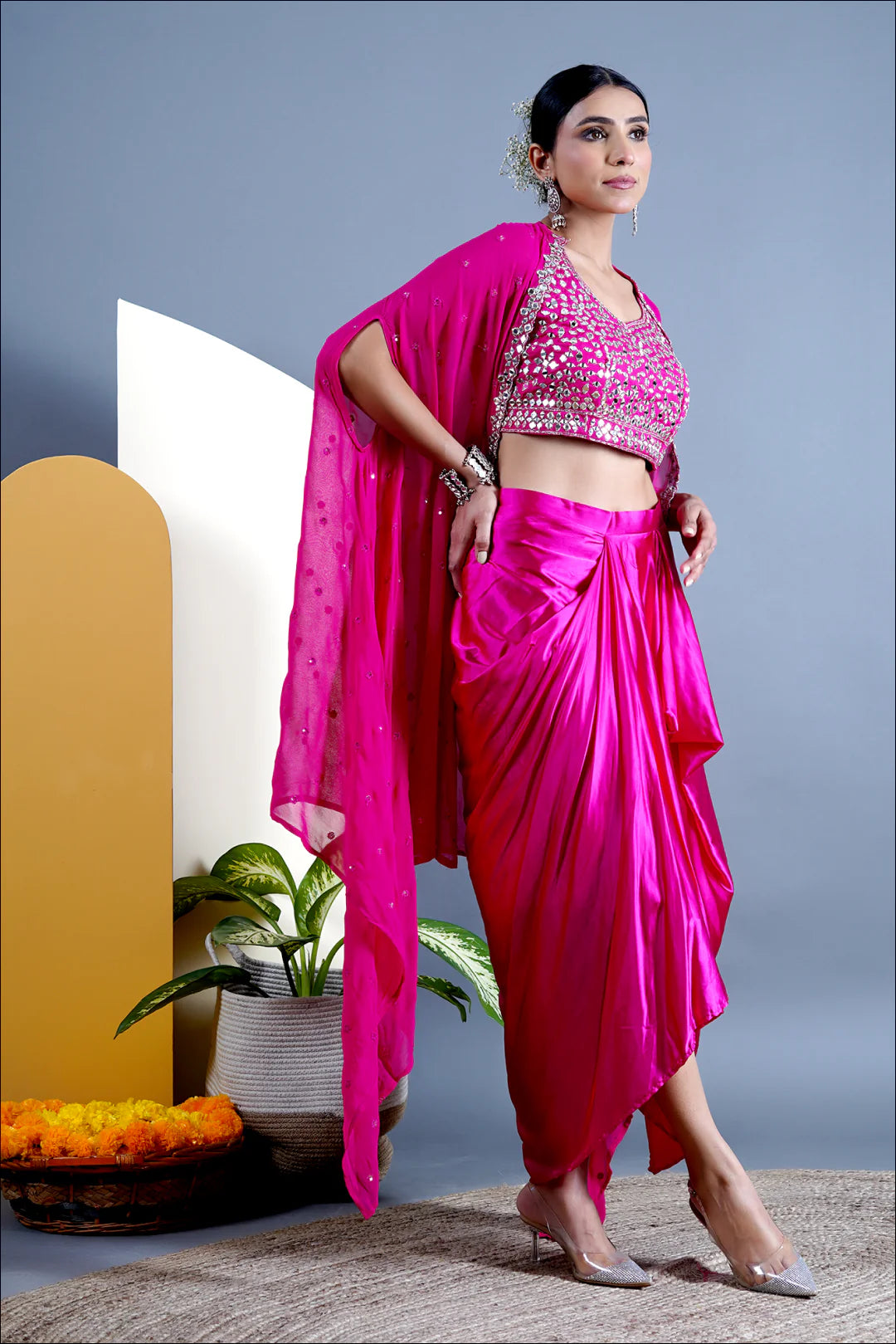 Pink_Dhoti Skirt Set_Mirror Work