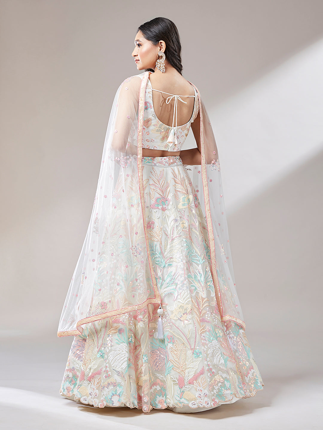 Cream Net Sequinse Work Semi-Stitched Lehenga & Unstitched Blouse with Dupatta