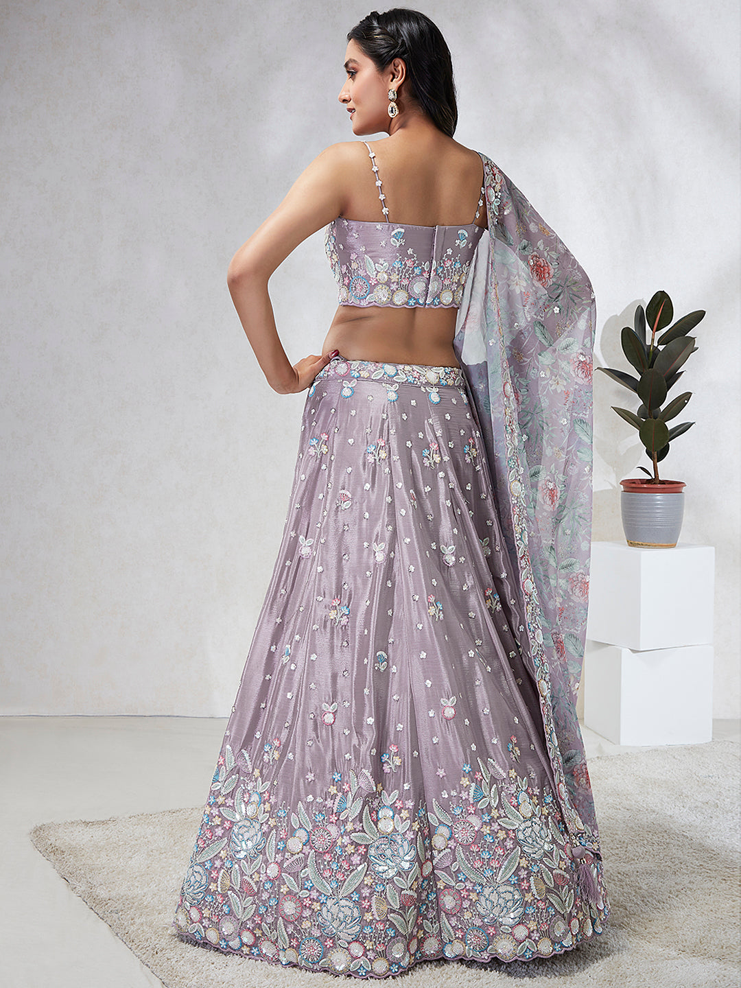 Mauve Chiffon Sequins and thread embroidery Semi-Stitched Lehenga choli & Dupatta