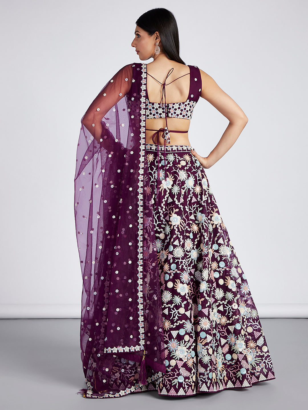 Burgundy Net heavy Sequinse embroidery SemiStitched Lehenga choli & Dupatta