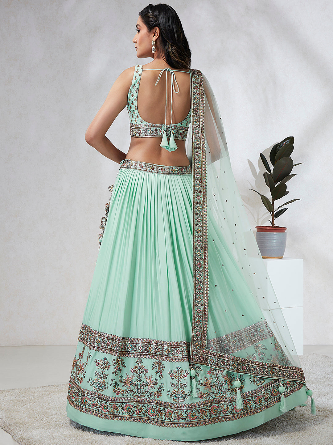 Sea Green Georgette Sequins and thread embroidery Semi-Stitched Lehenga choli & Dupatta