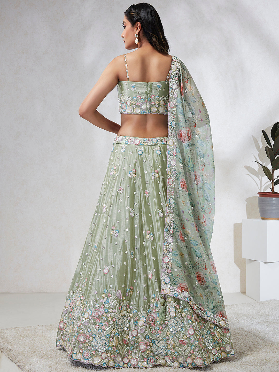 Lime green Chiffon Sequins and thread embroidery Semi-Stitched Lehenga choli & Dupatta