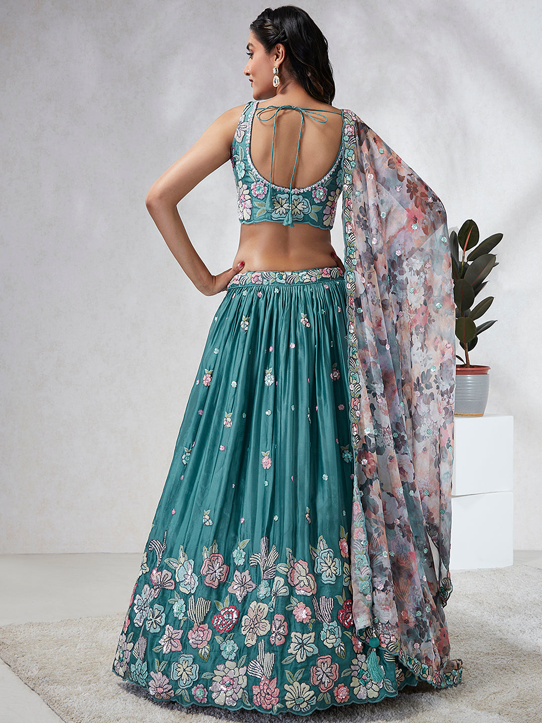 Turquoise blue Georgette Sequins and thread embroidery Semi-Stitched Lehenga choli & Dupatta