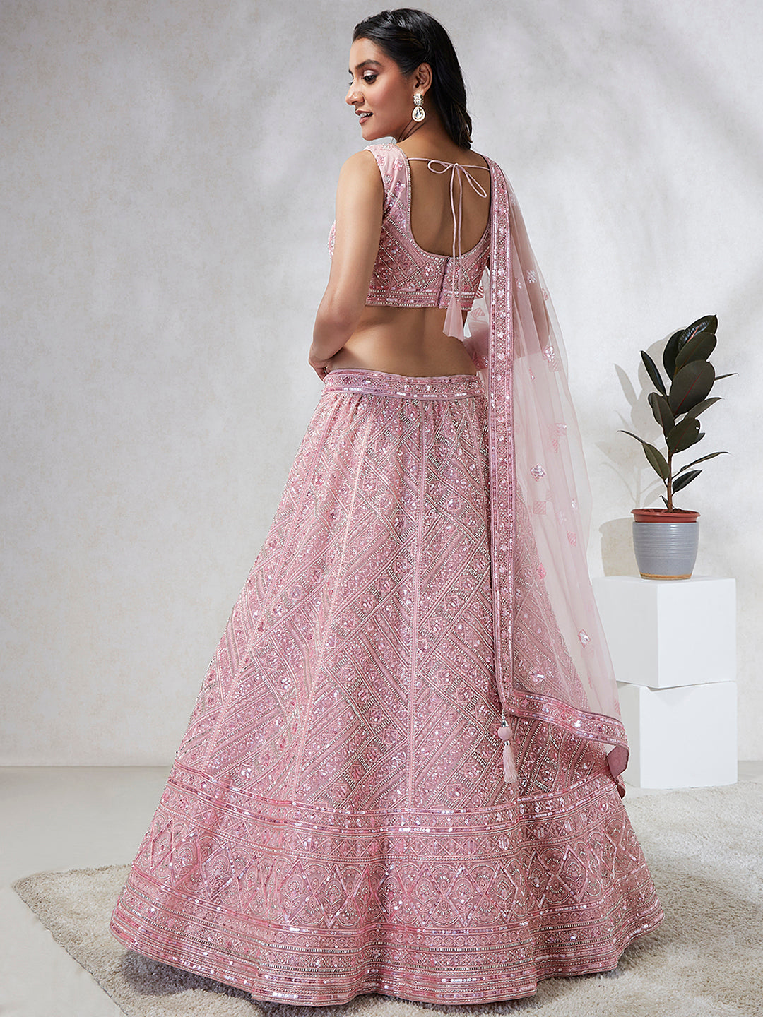 Pink Net Cutdana, Sequins and Zarkan embroidery Semi-Stitched Lehenga choli & Dupatta