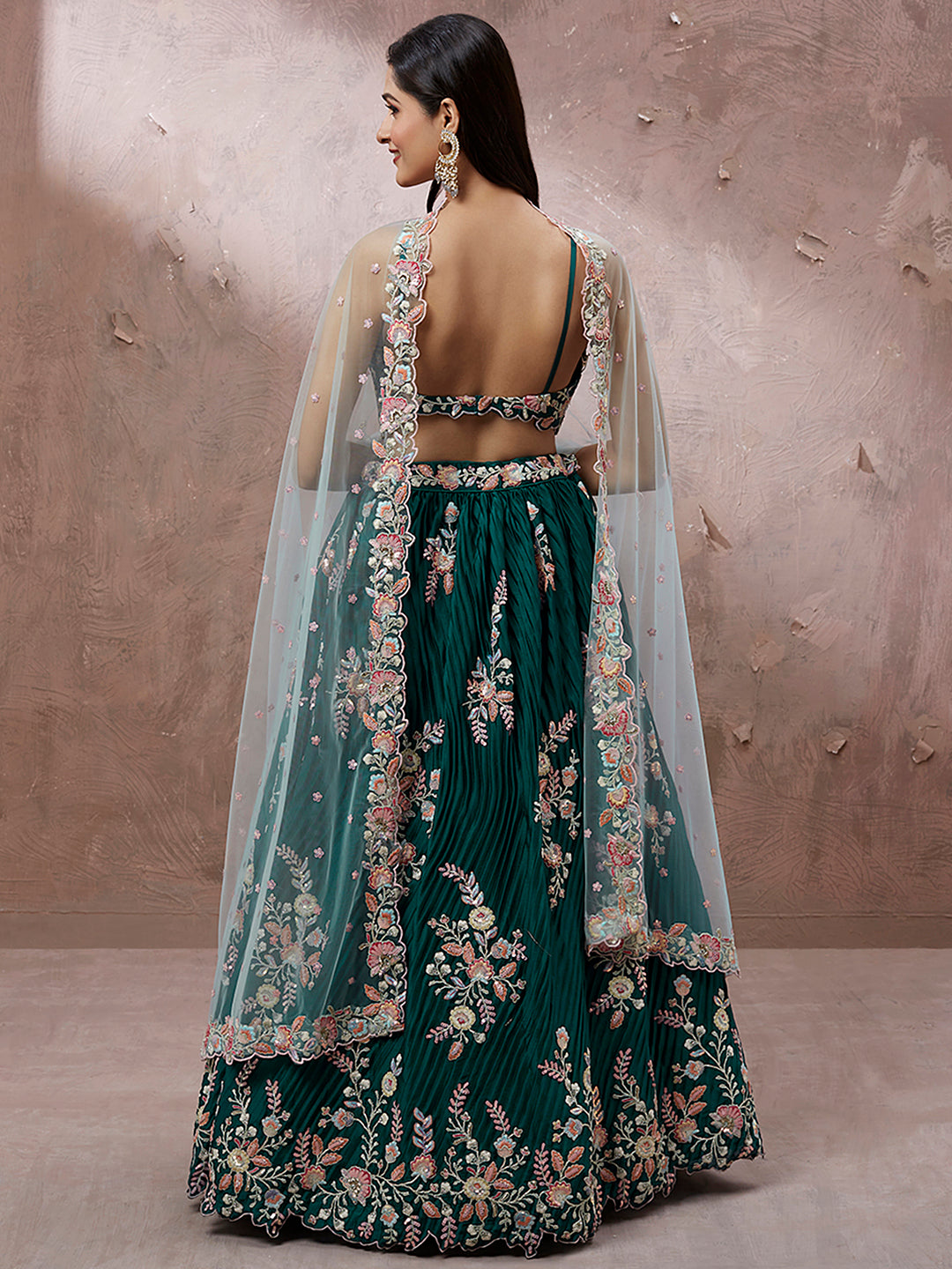 Teal - Pure Georgette Thread & Sequins Work Semi-Stitched Lehenga