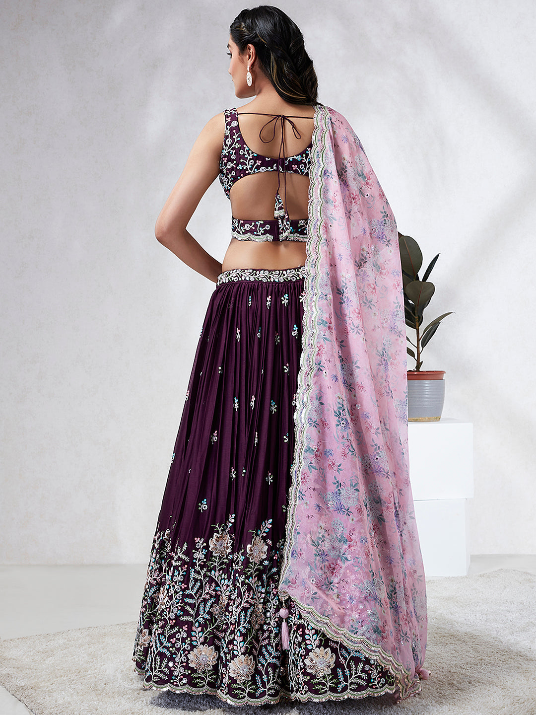 Burgundy Georgette Sequins, Mirror and thread embroidery Semi-Stitched Lehenga choli & Dupatta