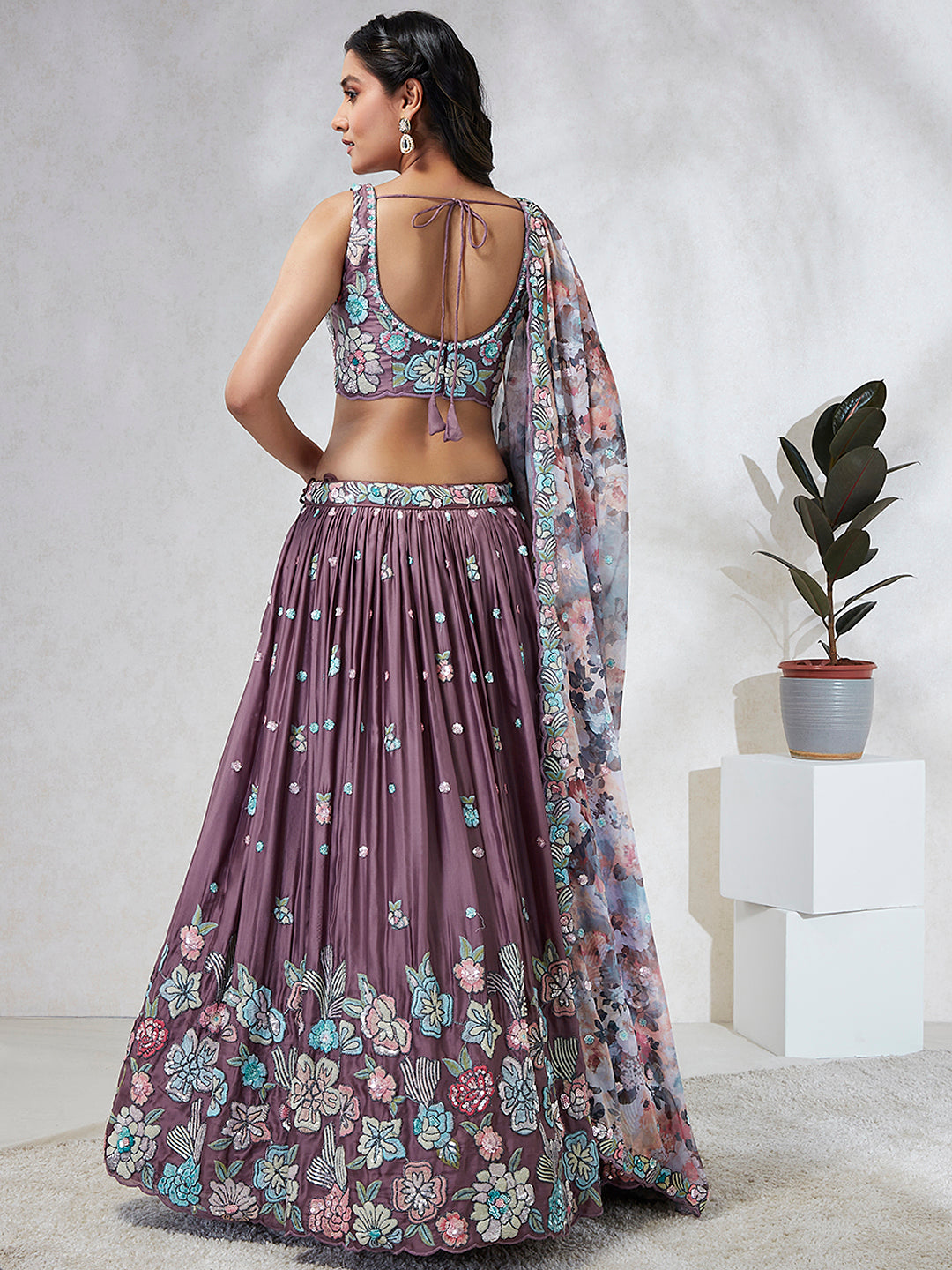 Lavender Georgette Sequins and thread embroidery Semi-Stitched Lehenga choli & Dupatta