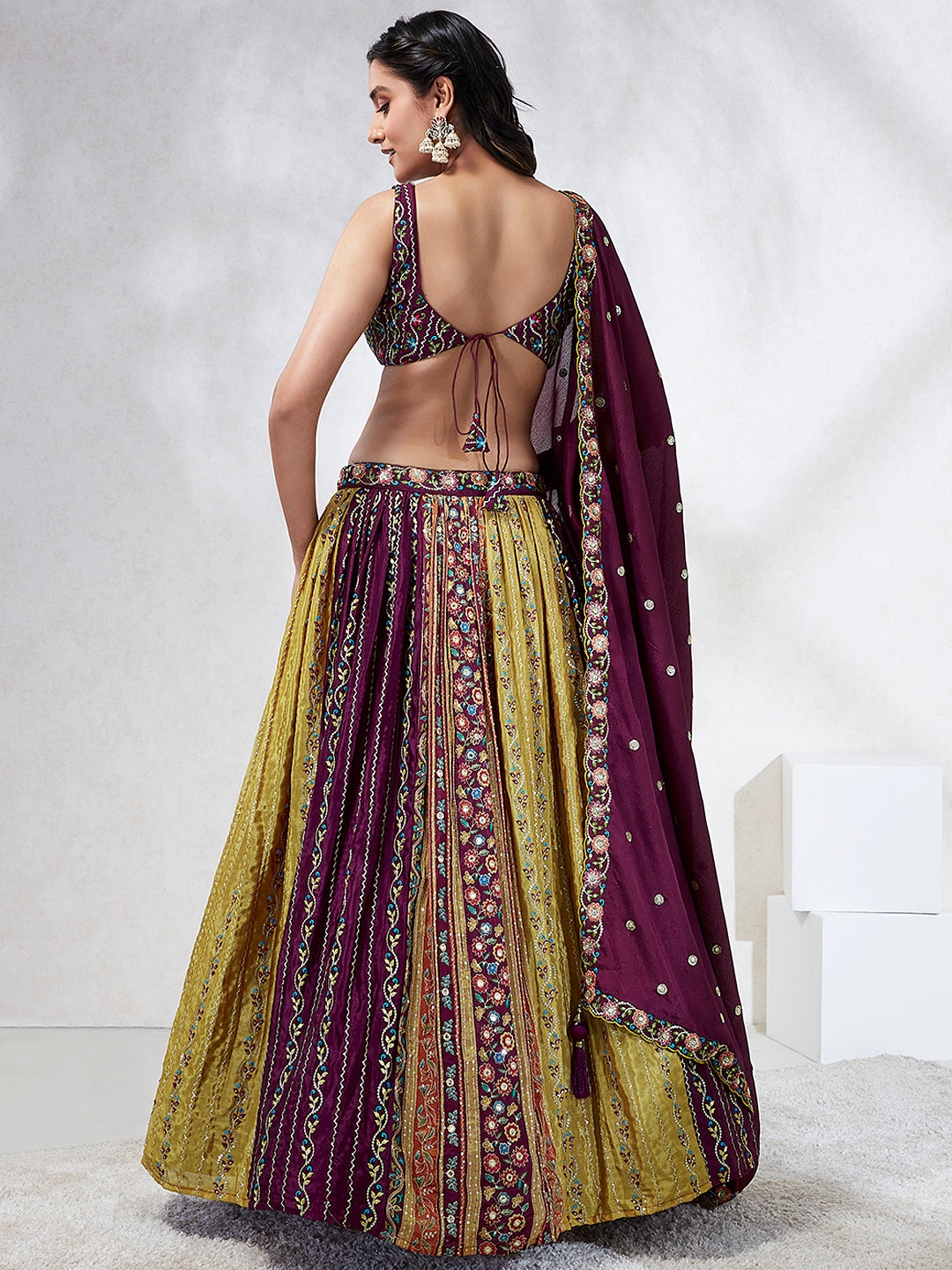 Burgundy Chiffon Position print with Sequins embroidery Semi-Stitched Lehenga choli & Dupatta