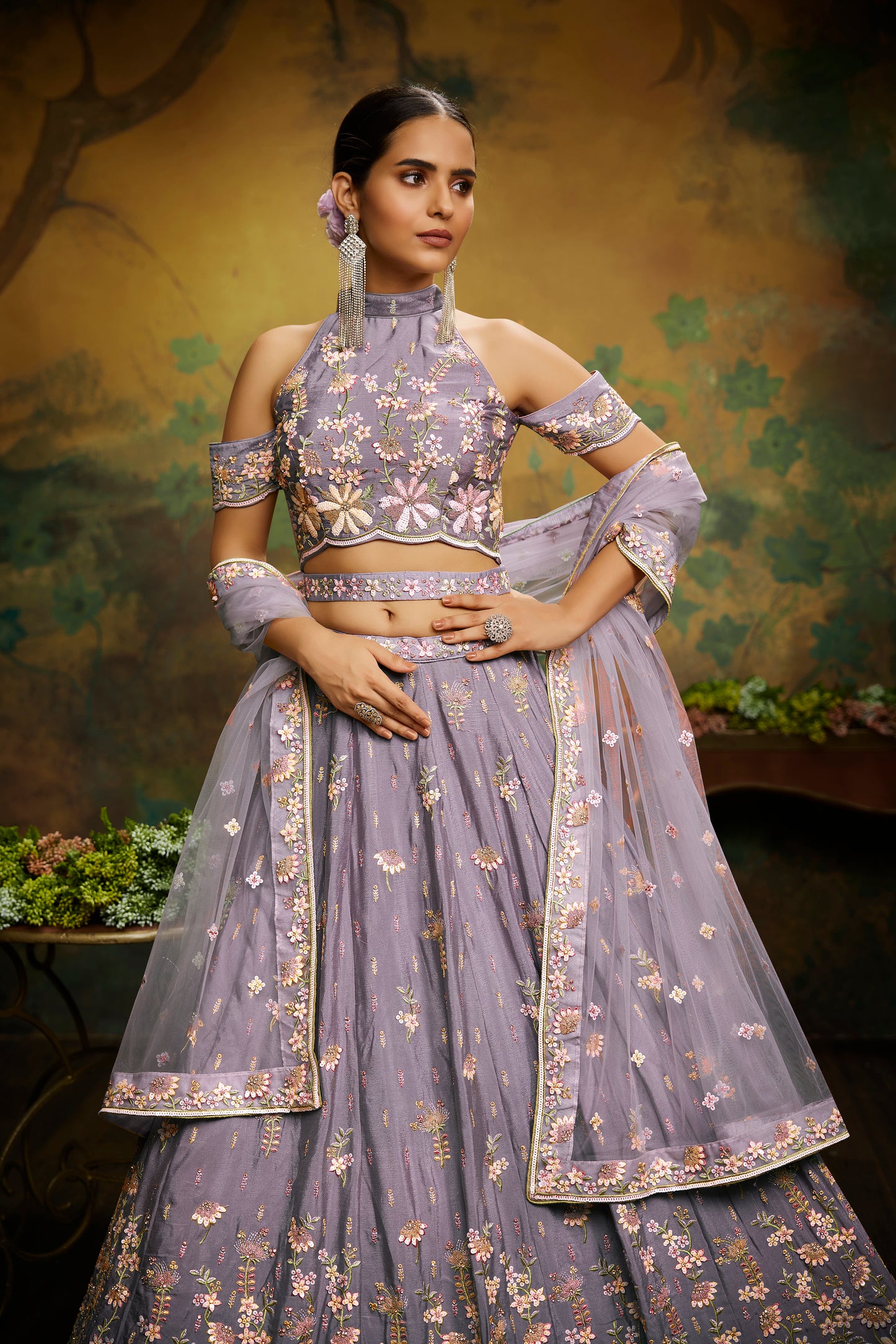 Mauve Pure Georgette Sequins with heavy Zarkan embroidery Semi-Stitched Lehenga choli & Dupatta