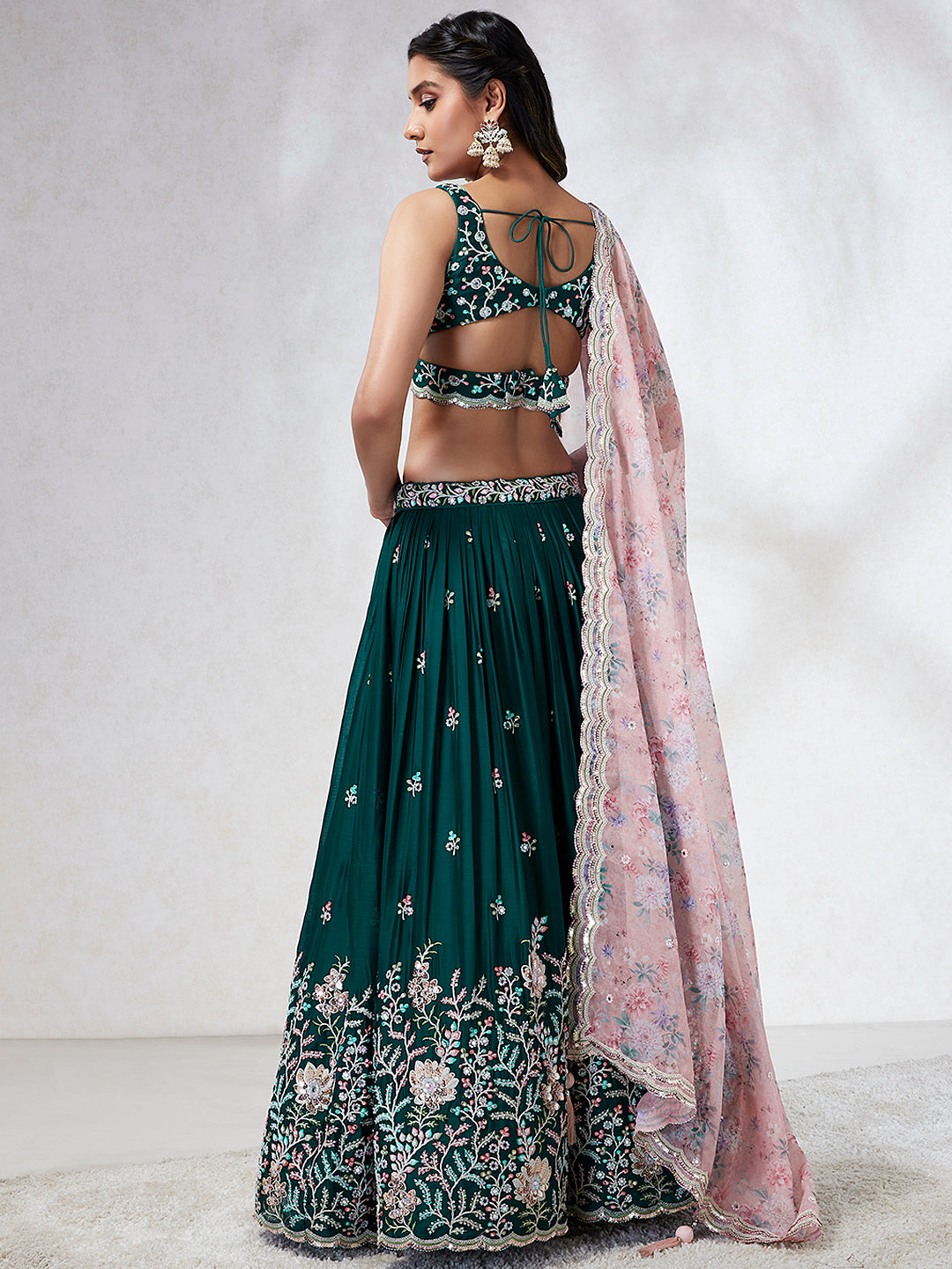 Teal - Georgette Sequins, Mirror and thread embroidery Semi-Stitched Lehenga choli