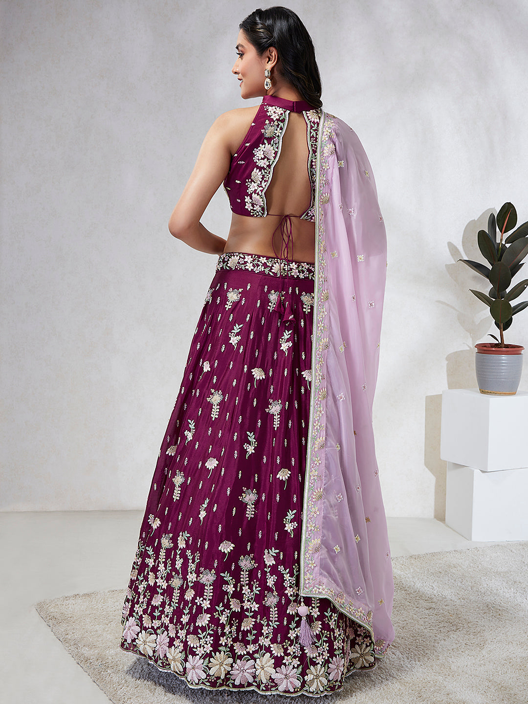 Burgundy Pure Georgette Sequins and thread embroidery Semi-Stitched Lehenga choli & Dupatta