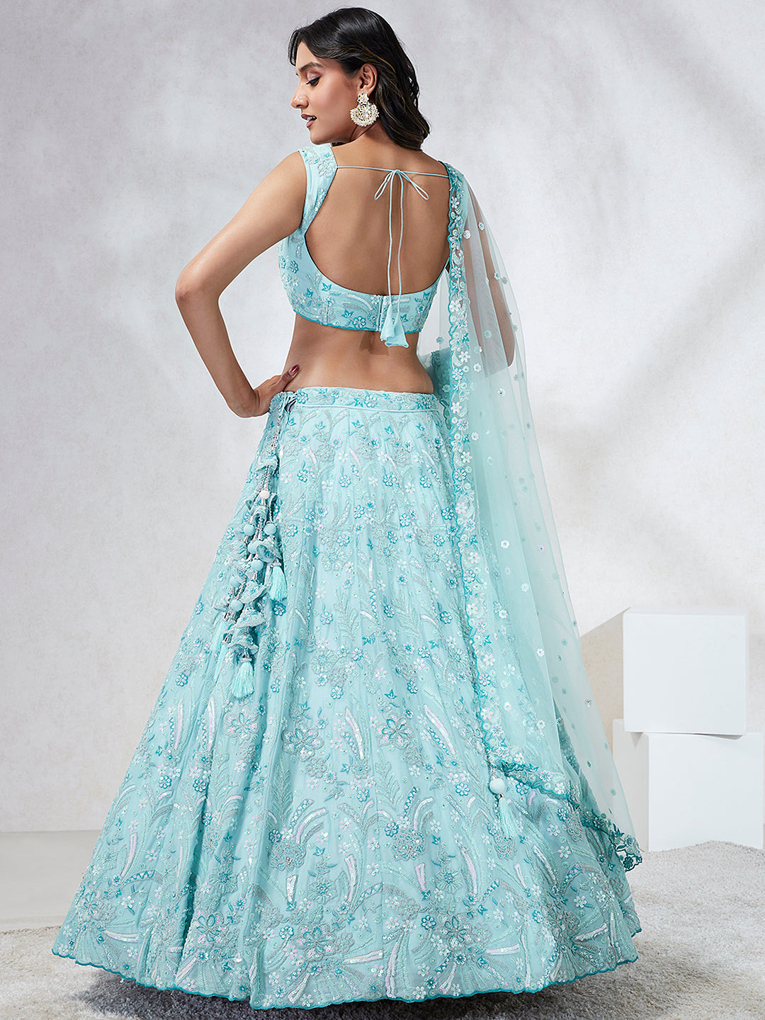 Turquoise Blue Georgette Sequins and thread embroidery Semi-Stitched Lehenga choli & Dupatta