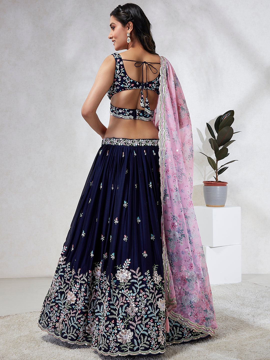 Navy Blue Georgette Sequins, Mirror and thread embroidery Semi-Stitched Lehenga choli & Dupatta