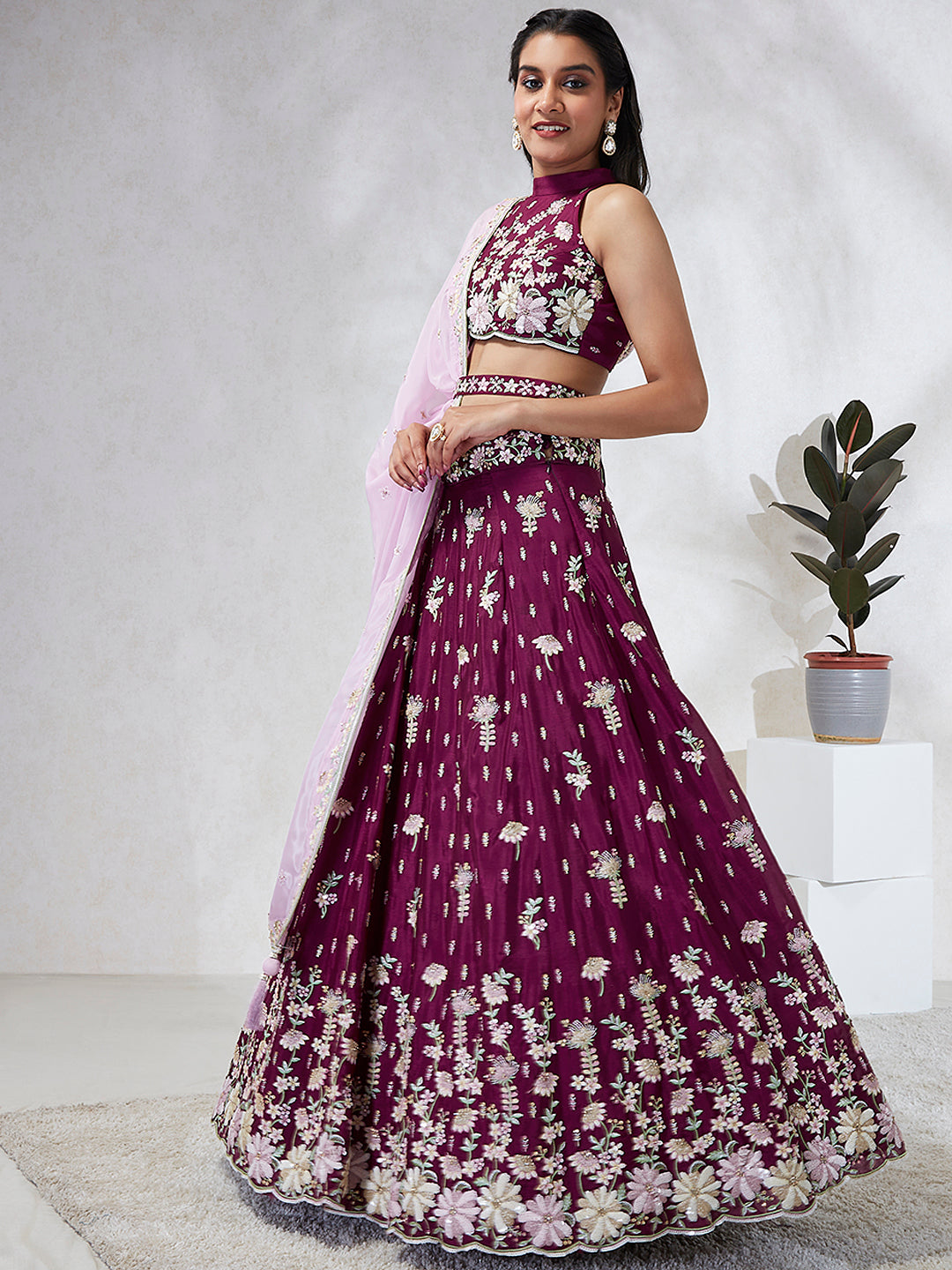 Burgundy Pure Georgette Sequins and thread embroidery Semi-Stitched Lehenga choli & Dupatta