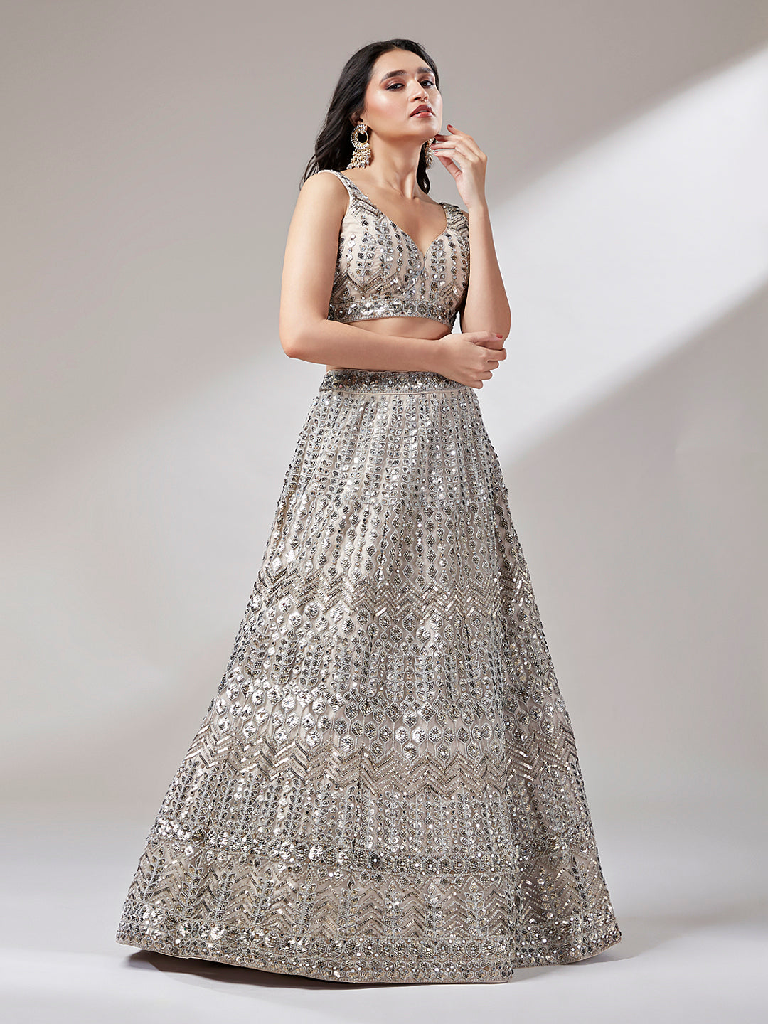 Beige - Net Mirror & Sequins Embroiderey  Lehenga choli