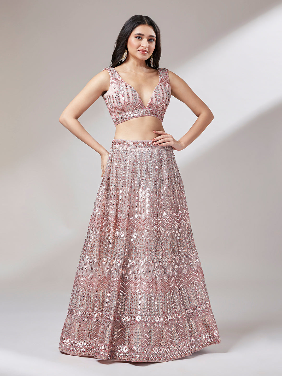 Rose Gold Net Mirror & Sequinse embroidery Semi-Stitched Lehenga choli & Dupatta