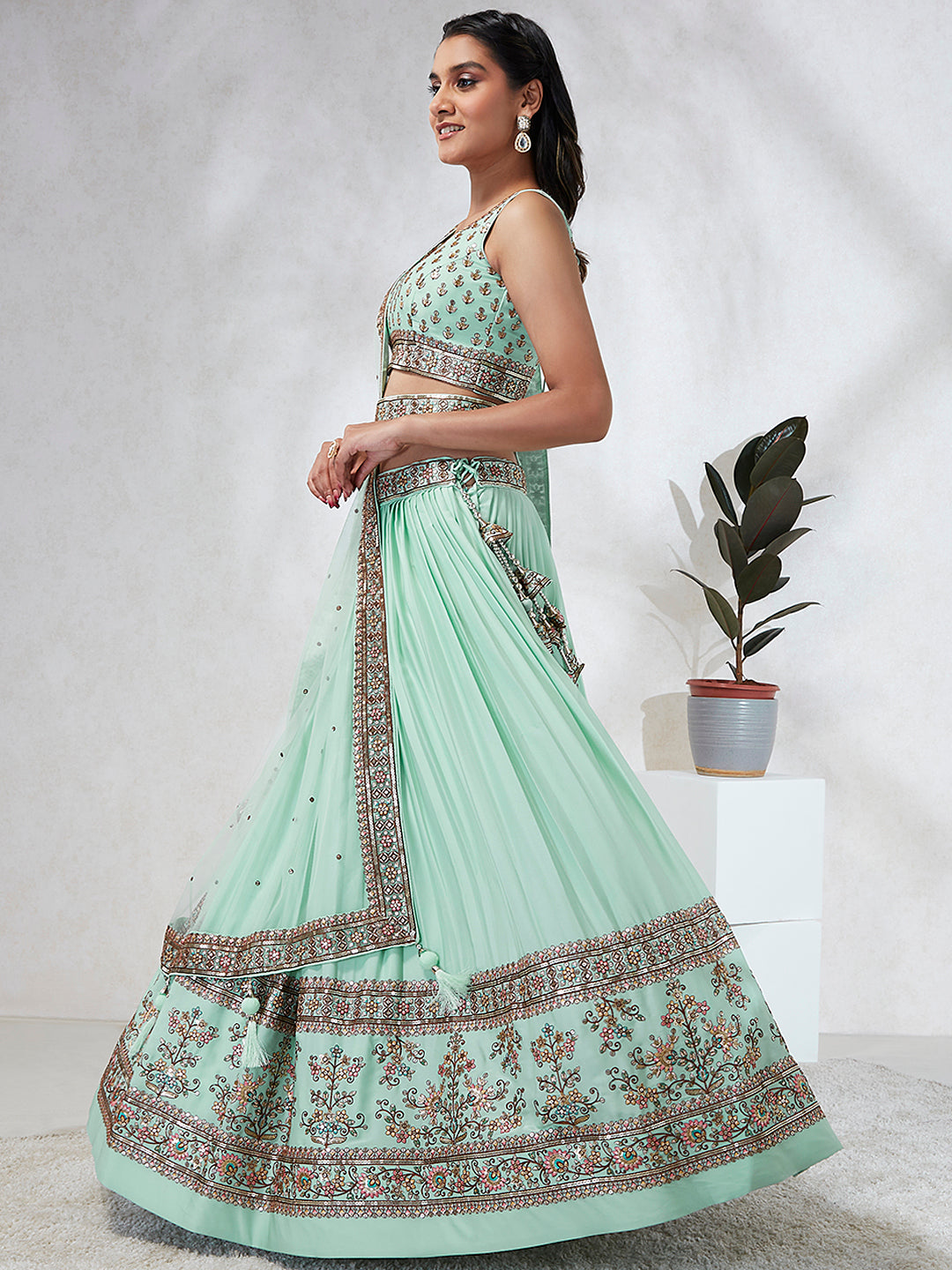 Sea Green Georgette Sequins and thread embroidery Semi-Stitched Lehenga choli & Dupatta