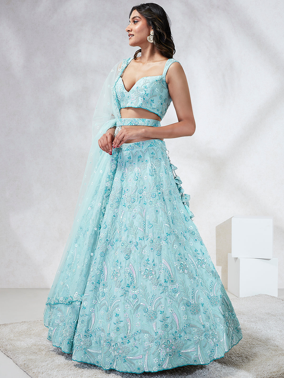 Turquoise Blue Georgette Sequins and thread embroidery Semi-Stitched Lehenga choli & Dupatta