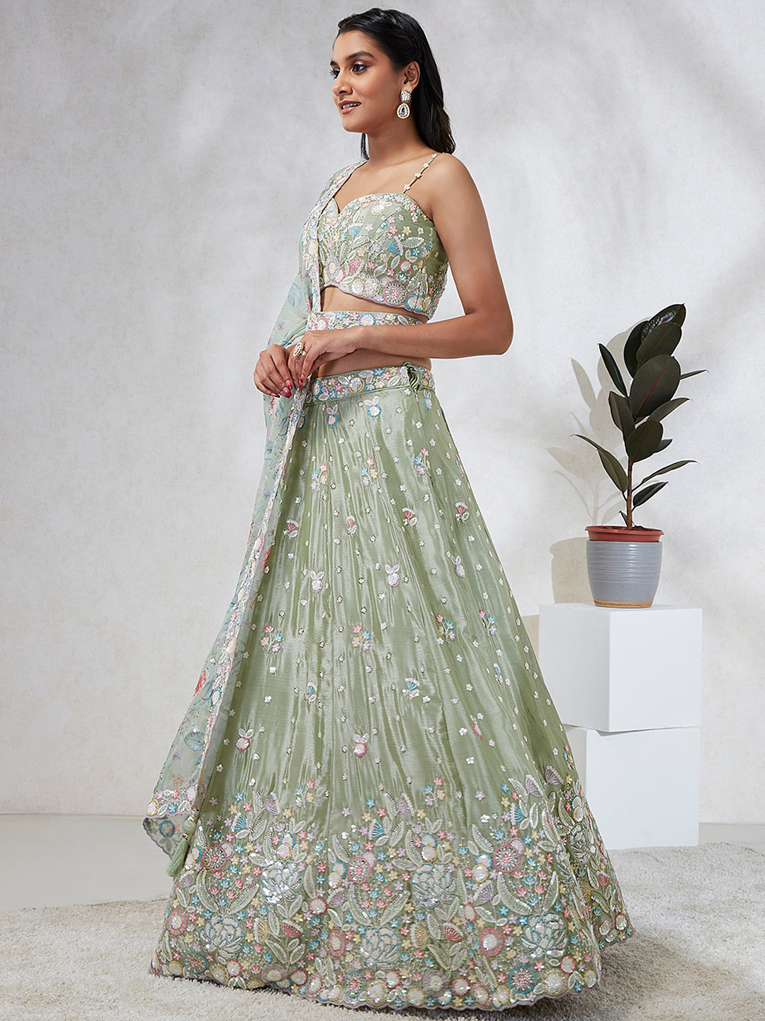 Lime green Chiffon Sequins and thread embroidery Semi-Stitched Lehenga choli & Dupatta