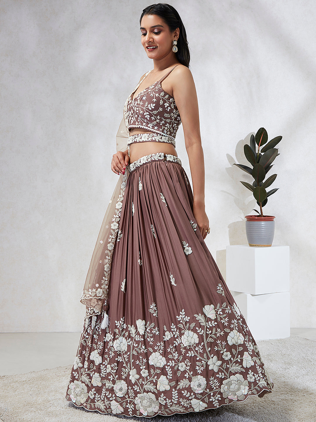 Rose gold Pure Georgette Sequins and thread embroidery Semi-Stitched Lehenga choli & Dupatta