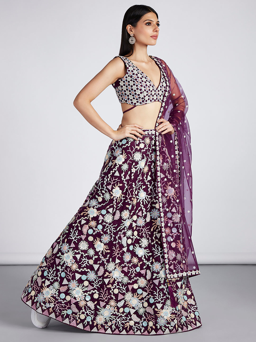 Burgundy Net heavy Sequinse embroidery SemiStitched Lehenga choli & Dupatta