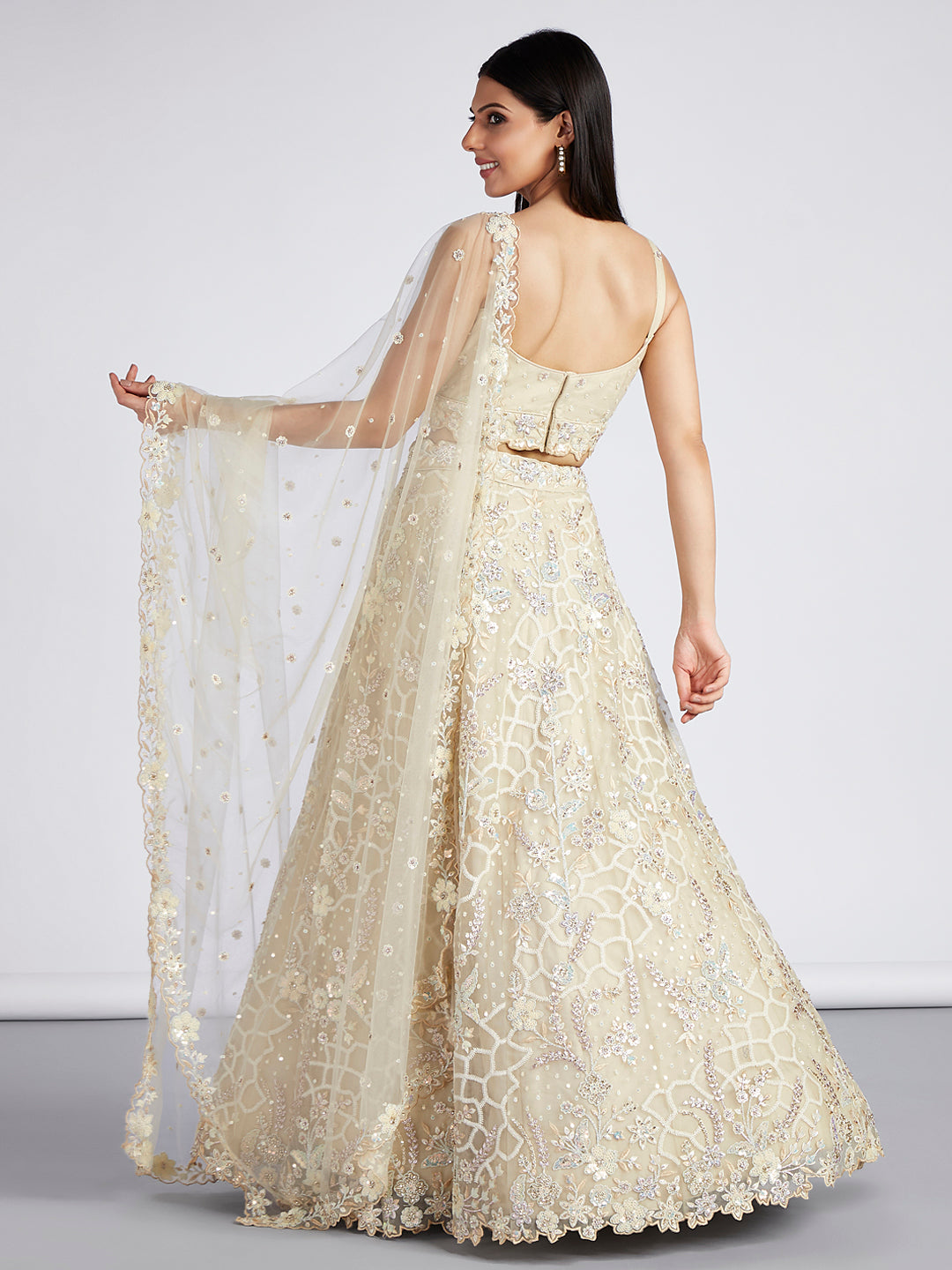 Cream Net Sequinse & Zarkan Work Semi-Stitched Lehenga & Unstitched Blouse with Dupatta