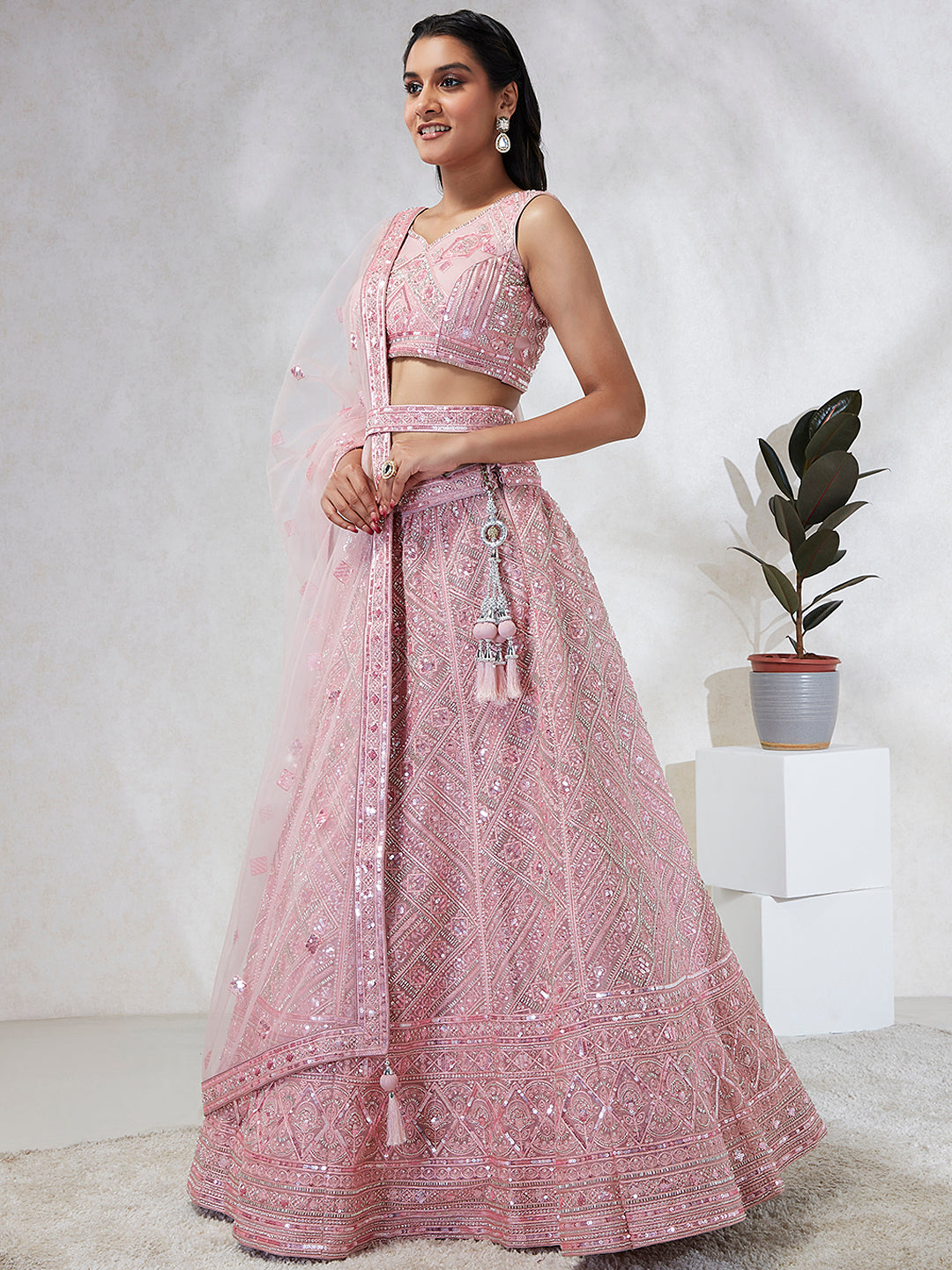 Pink Net Cutdana, Sequins and Zarkan embroidery Semi-Stitched Lehenga choli & Dupatta