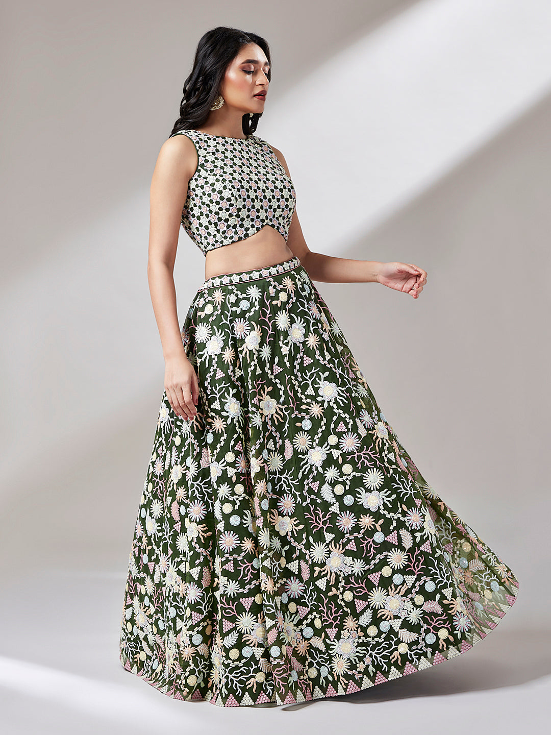 Olive Net heavy Sequinse embroidery Semi-Stitched Lehenga choli & Dupatta